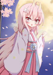 Rule 34 | 1girl, :o, absurdres, ahoge, blue flower, blurry, blurry background, blush, branch, cloud, commentary request, depth of field, flower, full moon, ghost hair ornament, hair between eyes, hair ornament, hakama, hakama skirt, highres, horns, japanese clothes, jiu (sdesd3205), kimono, long hair, long sleeves, looking at viewer, moon, night, obi, oni, oni horns, open mouth, original, outdoors, petals, pinching sleeves, pink flower, pink hair, red eyes, red hakama, sash, skirt, sleeves past wrists, solo, standing, very long hair, white kimono, wide sleeves