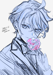 Rule 34 | 1girl, absurdres, ahoge, bow, bowtie, closed mouth, commentary request, dated, flower, grey background, gundam, gundam suisei no majo, hand up, highres, holding, holding flower, jacket, looking at viewer, miorine rembran, monochrome, pink flower, pink rose, rose, short hair, simple background, smile, solo, spot color, suit jacket, twitter username, upper body, yuri kyanon