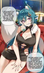 Rule 34 | 1girl, animal ear fluff, animal ears, blush, breasts, cleavage, commentary, couch, english text, fox ears, fox girl, fox tail, foxyreine, grin, honkai: star rail, honkai (series), large breasts, long hair, looking at viewer, nail polish, on couch, purple eyes, sitting, smile, solo, speech bubble, star (sky), symbol-only commentary, tail, thighs, yukong (honkai: star rail)
