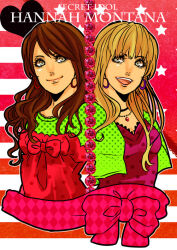 Rule 34 | 2girls, american flag, blonde hair, bow, brown hair, closed mouth, commentary request, copyright name, earrings, english text, flag background, green eyes, hannah montana, hoop earrings, jewelry, miley stewart, multiple girls, open mouth, red bow, smile, teeth, torihuhu