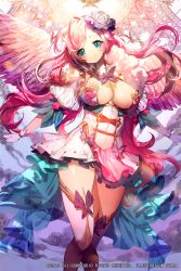 Rule 34 | 1girl, ahoge, angel wings, artist name, bad id, bad twitter id, blue eyes, blush, bow, bowtie, breasts, butterfly ornament, cleavage, dated, dress, female focus, flower, gem, gloves, hair flower, hair ornament, head tilt, jewelry, large breasts, long hair, looking at viewer, outstretched arms, pink dress, pink gloves, pink hair, puffy short sleeves, puffy sleeves, rose, see-through, short sleeves, smile, solo, sparkle, standing, sukja, thighhighs, twintails, white flower, white rose, white wings, wings, zettai ryouiki