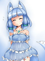 Rule 34 | 1girl, animal ears, arms behind back, bare shoulders, blue background, blue hair, blush, closed eyes, facing viewer, fox ears, fox tail, gradient background, jewelry, kedamaton, kogetsu tooka, magatama, necklace, original, see-through, smile, solo, tail