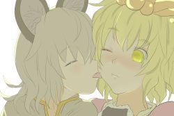 Rule 34 | 2girls, animal ears, blonde hair, blush, closed eyes, licking another&#039;s face, food, food on face, grey hair, hair ornament, ishikkoro, licking, mouse ears, multiple girls, nazrin, rice, short hair, toramaru shou, touhou, wince, yellow eyes