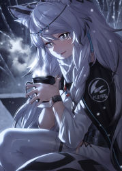 Rule 34 | 1girl, animal ear fluff, animal ears, arknights, bead necklace, beads, black cape, blush, braid, breasts, cape, clothes writing, cup, grey eyes, grey hair, head chain, holding, holding cup, ibuki notsu, jewelry, leopard ears, leopard tail, long hair, medium breasts, mug, multicolored hair, necklace, open mouth, pramanix (arknights), side braids, smile, snow, snowing, solo, steam, tail, thighhighs, turtleneck, watch, white thighhighs, wristwatch