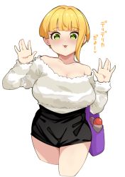 Rule 34 | 1girl, :3, asymmetrical hair, black shorts, blonde hair, blush, breasts, cleavage, cowboy shot, cropped legs, dildo, green eyes, hands up, high-waist shorts, idolmaster, japanese text, large breasts, looking at viewer, lotion bottle, miyamoto frederica, off-shoulder sweater, off shoulder, sex toy, short hair, short shorts, shorts, simple background, smile, solo, standing, sweater, takato kurosuke, waving, when you see it, white background, white sweater