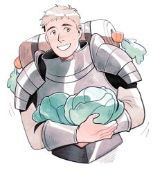 Rule 34 | 1boy, :d, armor, blonde hair, blush, breastplate, cabbage, carrot, cropped torso, dungeon meshi, food, holding, holding food, holding vegetable, laios touden, looking to the side, male focus, motion lines, muisketeer, open mouth, pauldrons, plate armor, short hair, shoulder armor, simple background, sleeping bag, smile, solo, sweatdrop, vambraces, vegetable, white background