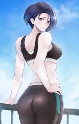 Rule 34 | 1girl, alternate costume, ass, bare shoulders, blue hair, blush, breasts, fire emblem, fire emblem: three houses, from behind, hand on own hip, highres, large breasts, looking at viewer, looking back, nintendo, pants, purple eyes, shamir nevrand, shiny clothes, shiny skin, short hair, sideboob, solo, spandex, sports bra, tommy (kingdukeee)