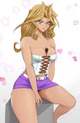Rule 34 | 1girl, arm at side, arm support, bare arms, bare legs, bare shoulders, belt, between breasts, black panties, blonde hair, breasts, card, card between breasts, cleavage, closed mouth, collarbone, corset, cross-laced clothes, curly hair, hair between eyes, heart, heart background, highres, kujaku mai, large breasts, lips, long hair, looking at viewer, medium breasts, miniskirt, nail polish, navel, neck, panties, parted bangs, pencil skirt, pink lips, pink nails, purple eyes, purple skirt, sitting, skirt, smile, solo, star (symbol), starry background, strapless, thick thighs, thighs, underwear, upskirt, white belt, yone-chan (kuwm5222), yu-gi-oh!, yu-gi-oh! duel monsters