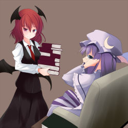 Rule 34 | 2girls, adjusting eyewear, alternate hair length, alternate hairstyle, bat wings, bespectacled, blush, book, book stack, brown background, capelet, chair, collared shirt, commentary request, crescent, dress, dress shirt, glasses, hat, head wings, holding, holding book, koakuma, light smile, long hair, long sleeves, looking at viewer, looking to the side, low wings, mob cap, multiple girls, necktie, patchouli knowledge, purple dress, purple eyes, purple hair, red eyes, red hair, shirt, short hair, sidelocks, simple background, sitting, skirt, standing, striped clothes, striped dress, whitecloudinside, wide sleeves, wings