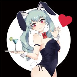 Rule 34 | 1girl, alternate costume, anchovy (girls und panzer), animal ears, arms up, black leotard, blush, bow, bowtie, closed mouth, cocktail glass, collar, commentary, cowboy shot, cup, detached collar, drill hair, drinking glass, fake animal ears, fake tail, food, fruit, girls und panzer, green hair, heart, highres, holding, holding tray, leotard, light blush, lime (fruit), lime slice, long hair, looking at viewer, medium hair, outline, playboy bunny, rabbit ears, rabbit tail, red bow, red bowtie, red eyes, smile, solo, standing, strapless, strapless leotard, tail, tray, twin drills, twintails, waving, white collar, white outline, zarameru (tsukumo)