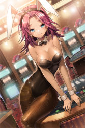 Rule 34 | 1girl, aile (crossroads), animal ears, bare shoulders, blue eyes, bow, bowtie, breasts, casino, cleavage, detached collar, dutch angle, earrings, fake animal ears, fishnet pantyhose, fishnets, jewelry, large breasts, lens flare, leotard, looking at viewer, original, pantyhose, pink hair, playboy bunny, poker table, rabbit ears, rio (sword girls), shiny skin, short hair, smile, solo, sword girls, table, wrist cuffs