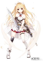 Rule 34 | 1girl, ahoge, animal ear fluff, animal ears, asymmetrical legwear, bare shoulders, black gloves, blonde hair, boots, cat ears, cat girl, cat tail, commentary request, copyright request, dress, elbow gloves, full body, gloves, highres, holding, holding sword, holding weapon, loading (verjuice), long hair, over-kneehighs, parted lips, red eyes, simple background, single glove, single over-kneehigh, single thighhigh, solo, standing, strapless, strapless dress, sword, tail, thighhighs, thighhighs under boots, transparent background, two side up, v-shaped eyebrows, very long hair, weapon, white background, white dress, white footwear, white thighhighs