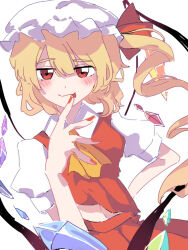 Rule 34 | 1girl, ascot, blonde hair, closed mouth, crystal, crystal wings, dress, flandre scarlet, hat, looking at viewer, medium hair, midriff peek, mob cap, puffy short sleeves, puffy sleeves, red dress, red eyes, red nails, red ribbon, ribbon, short sleeves, side ponytail, simple background, smile, solo, touhou, user whps3877, white background, wings