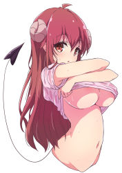 Rule 34 | 1girl, :o, bottomless, breasts, clothes lift, curled horns, demon girl, demon horns, demon tail, highres, horns, large breasts, lifted by self, long hair, looking at viewer, machikado mazoku, mel (melty pot), navel, pink shirt, red eyes, red hair, shirt, shirt lift, simple background, solo, stomach, tail, underboob, undressing, wet, wet clothes, wet shirt, white background, yoshida yuuko (machikado mazoku)