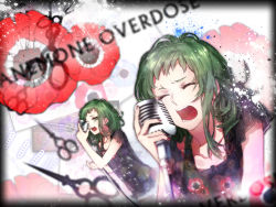 Rule 34 | 2girls, bad id, bad pixiv id, clone, dual persona, female focus, green hair, gumi, highres, microphone, multiple girls, music, ohagi (ymnky), open mouth, short hair, singing, vintage microphone, vocaloid