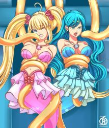 Rule 34 | blonde hair, blue eyes, blue hair, blue tail, breasts, coiled, embarrassed, flower hair ornament, houshou hanon, long hair, mermaid, mermaid melody pichi pichi pitch, monster girl, nanami lucia, pink tail, revolverwing, seashell, shell, tentacles, tongue, tongue out, very long hair