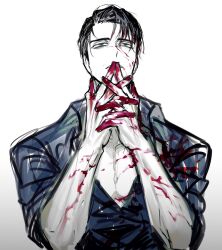 Rule 34 | 1boy, black hair, black shirt, blood, blood on clothes, blood on face, blood on hands, collared shirt, green eyes, highres, limbus company, long sleeves, male focus, meursault (project moon), parted lips, project moon, remsrar, shirt, simple background, sleeves rolled up, solo, upper body, white background