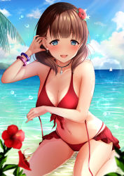 Rule 34 | 1girl, alternate costume, bare arms, bare shoulders, bikini, blue eyes, blue sky, blush, breasts, brown hair, cleavage, cloud, cloudy sky, collarbone, commentary request, day, earrings, flower, gem, hairband, heart, heart earrings, highres, idolmaster, idolmaster cinderella girls, jewelry, looking at viewer, medium breasts, medium hair, monaka curl, navel, necklace, ocean, open mouth, outdoors, red bikini, red flower, ribbon, sakuma mayu, sky, smile, solo, swimsuit