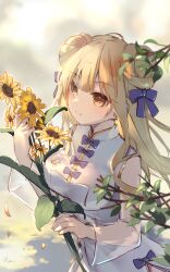 Rule 34 | 1girl, absurdres, blonde hair, blue bow, blurry, blurry background, bow, breasts, brown eyes, closed mouth, commentary request, date a live, depth of field, double bun, dress, flower, hair bow, hair bun, highres, holding, holding flower, hoshimiya mukuro, long hair, long sleeves, medium breasts, mo (pixiv9929995), petals, see-through, see-through sleeves, smile, solo, sunflower, very long hair, white dress, wide sleeves, yellow flower