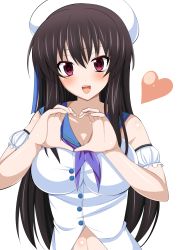 Rule 34 | 10s, 1girl, :d, bad id, bad pixiv id, bare shoulders, black hair, blush, breasts, buttons, cleavage, collarbone, detached sleeves, hat, heart, heart hands, high school dxd, high school dxd infinity, highres, large breasts, long hair, looking at viewer, neckerchief, open mouth, puffy short sleeves, puffy sleeves, purple eyes, raynare, sailor collar, sailor hat, short sleeves, smile, solo, sudourenji, upper body