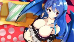 Rule 34 | 1girl, animal ears, artist request, bare shoulders, blanket, blue hair, blue scales, blue wings, blush, breasts, cleavage, couch, game cg, gina (monster musume), hair between eyes, lamia, large breasts, long hair, looking at viewer, midriff, monster girl, monster musume no iru nichijou, monster musume no iru nichijou online, navel, official art, on couch, pillow, pink eyes, pointy ears, smile, solo, wings