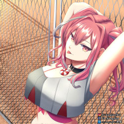 Rule 34 | 1girl, :p, absurdres, arm behind head, armpits, arms up, azur lane, bikini, bikini under clothes, black collar, breasts, bremerton (azur lane), chain-link fence, chinese commentary, collar, commentary request, crop top, crop top overhang, ear piercing, facebook logo, facebook username, fence, from above, front-tie bikini top, front-tie top, grey hair, hair between eyes, hair intakes, highres, instagram logo, instagram username, kang jian, large breasts, lifebuoy, long hair, looking at viewer, midriff, mixed-language commentary, multicolored hair, navel, no jacket, no mole, off-shoulder shirt, off shoulder, piercing, pink bikini, pink eyes, pink hair, pixiv logo, pixiv username, shadow, shirt, sidelocks, smile, solo, standing, streaked hair, stretching, swim ring, swimsuit, tongue, tongue out, twintails, two-tone hair, two-tone shirt, upper body, watermark