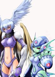 Rule 34 | 2girls, belt collar, bikini, black scarf, blue eyes, blue gloves, blue hair, blue headwear, blue leotard, breasts, claws, clothing cutout, collar, collarbone, colored sclera, colored skin, commentary request, covered mouth, cowboy shot, detached collar, detached leggings, digimon, digimon (creature), elbow gloves, eyebrows hidden by hair, facial mark, feathered wings, fingerless gloves, fins, garter straps, gauntlets, glint, gloves, green skin, hair between eyes, hair wings, height difference, highres, large breasts, leotard, looking to the side, mask, medium breasts, midriff, mitosupa (qsiqydfz7nesh9w), mouth mask, multiple girls, navel, navel cutout, open mouth, purple bikini, purple footwear, ranamon, red sclera, scarf, shoulder pads, shutumon, side cutout, sidelocks, simple background, swimsuit, thigh gap, thighhighs, white background, wings