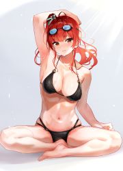 Rule 34 | 1girl, absurdres, ahoge, arm up, armpits, asymmetrical breasts, azur lane, barefoot, bikini, black bikini, blush, breasts, cleavage, collarbone, full body, goggles, goggles on head, hair ornament, head tilt, highres, large breasts, long hair, looking at viewer, maeshimashi, navel, o-ring, o-ring bikini, parted lips, red hair, side ponytail, simple background, sitting, skindentation, smile, solo, swimsuit, wet, zara (azur lane), zara (poolside coincidence) (azur lane)