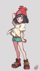 Rule 34 | 1girl, beanie, belt, black hair, brown belt, commentary request, creatures (company), eyelashes, full body, game freak, green shorts, grey background, grey eyes, hat, highres, hiisu (s-1104-d), holding, holding poke ball, looking at viewer, medium hair, midriff peek, nintendo, parted lips, poke ball, poke ball (basic), pokemon, pokemon sm, red hat, selene (pokemon), shirt, shoes, short shorts, short sleeves, shorts, signature, solo, standing, tied shirt