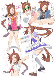 Rule 34 | 1girl, absurdres, animal ears, arm up, armpits, asymmetrical gloves, back bow, barefoot, black gloves, black shorts, blush, bow, breasts, brown footwear, brown hair, buttons, closed eyes, commentary request, cyjalway, denim, denim jacket, double-breasted, double v, epaulettes, feet, foot focus, gameplay mechanics, gloves, highres, holding, holding weapon, horse ears, horse girl, horse tail, jacket, loafers, long hair, medium breasts, mismatched gloves, multiple views, neckerchief, official alternate costume, open mouth, panties, pink eyes, pink footwear, pink jacket, pleated skirt, ponytail, puffy short sleeves, puffy sleeves, purple bow, purple shirt, red neckerchief, sailor collar, sakura bakushin o (red-hot leader) (umamusume), sakura bakushin o (umamusume), shirt, shoes, short sleeves, shorts, simple background, skirt, sleeveless, sleeveless jacket, sleeveless shirt, smile, soles, solo, speech bubble, summer uniform, sunglasses, sweat, tail, thighhighs, toes, translation request, umamusume, underwear, unworn thighhighs, v, waving, weapon, white background, white gloves, white panties, white shirt, white skirt, white thighhighs