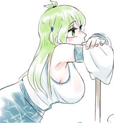 Rule 34 | 1girl, bare shoulders, breasts, detached sleeves, frogsnake, from side, green eyes, green hair, kochiya sanae, large breasts, leaning, long hair, pole, sideboob, simple background, solo, touhou, white background
