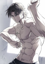 Rule 34 | 1boy, abs, cheekbones, cross, cross necklace, fate/stay night, fate (series), fighting stance, gradient background, highres, jewelry, kon manatsu, kotomine kirei, male focus, muted color, necklace, scar, solo, sweat, topless male