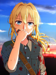 Rule 34 | 1girl, blonde hair, blood, blood in hair, blood on clothes, bloody weapon, blue eyes, blue sky, cloud, day, floating hair, grey jacket, hair between eyes, holding, holding knife, jacket, knife, long hair, looking at viewer, military jacket, neko no sora, outdoors, sky, sleeves rolled up, solo, upper body, violet evergarden, violet evergarden (series), weapon
