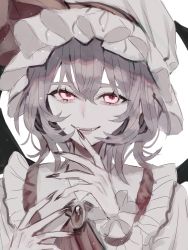 Rule 34 | 1girl, ascot, brooch, frilled shirt collar, frills, hands up, hat, highres, jewelry, looking at viewer, mob cap, nail polish, parted lips, pink eyes, remilia scarlet, simple background, smile, solo, teeth, touhou, white background, zabu rou