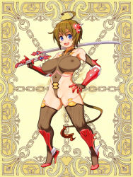Rule 34 | 1girl, ahoge, blue eyes, breasts, brown hair, cameltoe, character request, covered erect nipples, elbow gloves, full body, gloves, hairband, hand on own hip, high heels, holding, kerberos blade, large breasts, looking at viewer, open mouth, ryoji (nomura ryouji), short hair, solo, sword, tail, weapon, yellow background