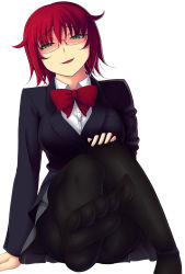 Rule 34 | 1girl, bad id, bad pixiv id, blush, breasts, feet, foot focus, foot worship, foreshortening, glasses, green eyes, highres, kisaragi yakumo, large breasts, legs, naughty face, open mouth, original, pantyhose, red hair, ribbon, school uniform, short hair, simple background, sitting, skirt, smirk, solo, white background