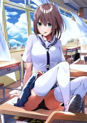 Rule 34 | 1girl, absurdres, air conditioner, bob cut, brown hair, chicke iii, classroom, condom, condom wrapper, day, desk, green eyes, highres, indoors, looking at viewer, mouth hold, on desk, original, scan, school uniform, serafuku, shorts, shorts under skirt, sitting, on desk, solo, thighhighs, toranoana, underskirt, white footwear, white thighhighs, wind