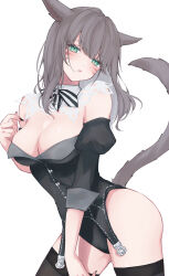 Rule 34 | 1girl, absurdres, animal ears, black leotard, black nails, black thighhighs, blush, bow, bowtie, breasts, brown hair, cat ears, cat girl, cat tail, cleavage, detached collar, detached sleeves, facial mark, final fantasy, final fantasy xiv, green eyes, highleg, highleg leotard, highres, large breasts, leotard, long hair, looking at viewer, miqo&#039;te, parted lips, puffy sleeves, sana (sanamaru 0w0), simple background, solo, striped bow, striped bowtie, striped clothes, tail, thighhighs, warrior of light (ff14), whisker markings, white background