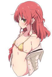 Rule 34 | 1girl, :p, bare shoulders, bikini, bikini under clothes, bocchi the rock!, breasts, collarbone, cropped torso, green eyes, hair between eyes, highres, kita ikuyo, long hair, looking at viewer, mel (melty pot), one side up, open clothes, red hair, school uniform, side ponytail, simple background, small breasts, smile, solo, swimsuit, tongue, tongue out, white bag, yellow bikini