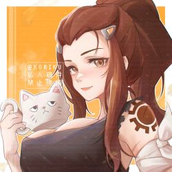Rule 34 | 1girl, absurdres, artist name, bare shoulders, breasts, brigitte (overwatch), brown eyes, brown hair, cleavage, closed mouth, cup, facial mark, forehead mark, highres, holding, holding cup, koriku, large breasts, looking at viewer, mug, overwatch, sleeveless, smile, solo, tattoo, upper body