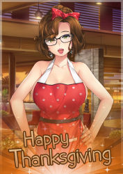 Rule 34 | 1girl, apron, bare shoulders, black-framed eyewear, bow, breasts, brooke belrose, brown hair, cleavage, commentary, earrings, english commentary, eyeshadow, glasses, green eyes, hair bow, hair over one eye, hairband, hands on own hips, hunie (series), huniepop, huniepop 2, jewelry, large breasts, lipstick, looking at viewer, makeup, mature female, nail polish, naked apron, official art, open mouth, promotional art, red apron, red bow, ring, short hair, sideboob, solo, standing, thanksgiving, updo, wavy hair, wedding band