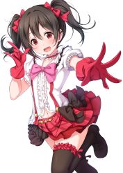 Rule 34 | 10s, 1girl, black bow, black hair, black thighhighs, blush, bokura wa ima no naka de, bow, clothing cutout, gloves, hair bow, heart cutout, long hair, looking at viewer, love live!, love live! school idol project, matokechi, one side up, open mouth, red bow, red eyes, red gloves, shirt, simple background, skirt, solo, suspender skirt, suspenders, thighhighs, white background, white shirt, yazawa nico