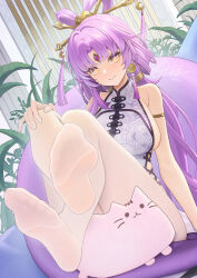 Rule 34 | 1girl, @ @, armlet, bare shoulders, breasts, catsmoon, closed mouth, embarrassed, feet, fu xuan (honkai: star rail), hair ornament, highres, honkai: star rail, honkai (series), large breasts, long hair, looking at viewer, pantyhose, parted bangs, purple hair, sideboob, sitting, sleeveless, soles, solo, thighs, toes, white pantyhose, yellow eyes