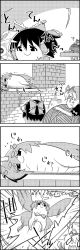 Rule 34 | 4koma, ?, ^^^, basket, bow, butterfly wings, comic, commentary request, crossed arms, emphasis lines, eternity larva, fire, fireplace, flying, greyscale, hair between eyes, hair bow, hair ribbon, hair tubes, hakurei reimu, highres, insect wings, leaf, leaf on head, ledge, lying, medicine melancholy, mini person, minigirl, monochrome, on side, ribbon, shaded face, short hair, short sleeves, smile, table, tani takeshi, touhou, translation request, trembling, warming, wings, yarn, yarn ball, yukkuri shiteitte ne