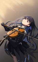 Rule 34 | 1girl, absurdres, bare shoulders, black dress, black hair, blue eyes, blue hair, blue ribbon, bow (music), closed mouth, colored inner hair, dress, hair ribbon, highres, holding, holding bow (music), holding instrument, holding violin, instrument, long sleeves, mechanical arms, mo geng, multicolored hair, music, playing instrument, punishing: gray raven, ribbon, selena (punishing: gray raven), solo, violin
