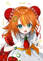 Rule 34 | 1girl, apron, aqua eyes, artist name, clenched hands, cowboy shot, dress, frills, gloves, gotou (nekocat), green pepper, hair between eyes, hair ornament, happy, highres, long hair, looking at viewer, multicolored hair, napoli kurun, necktie, open mouth, orange hair, puffy short sleeves, puffy sleeves, red dress, red necktie, short sleeves, simple background, smile, solo, sparkle, streaked hair, tomato, virtual youtuber, white background, white crow project, white gloves