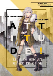 Rule 34 | 1girl, azur lane, belt, black dress, black footwear, blue eyes, boots, breasts, choker, cleavage, closed mouth, coat, collarbone, cross, cross necklace, death-the-cat, dress, earrings, fishnet thighhighs, fishnets, full body, fur collar, green coat, hair between eyes, hands in pockets, high heel boots, high heels, highres, jewelry, lace, lace-trimmed legwear, lace trim, large breasts, long hair, looking at viewer, necklace, open clothes, open coat, short dress, sidelocks, silver hair, single thighhigh, smile, solo, thighhighs, washington (azur lane)