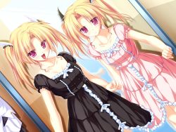 Rule 34 | 2girls, blonde hair, dress, game cg, magus tale, mirror, multiple girls, nina geminis, non-web source, open mouth, purple eyes, reflection, rena geminis, ribbon, siblings, sisters, tenmaso, twins, twintails