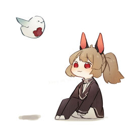 Rule 34 | 1girl, :3, ahoge, animal ears, bird, black jacket, black socks, closed mouth, commentary request, dog ears, harvest fes, jacket, librarian (project moon), library of ruina, light brown hair, long hair, long sleeves, no nose, ponytail, project moon, punishing bird, red hair, shirt, shorts, simple background, sitting, socks, white background, white bird, white footwear, white shirt, white shorts
