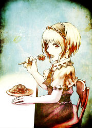 Rule 34 | 1girl, alice margatroid, bad id, bad pixiv id, capelet, chair, dress, eating, eruza, food, fork, hairband, highres, lolita hairband, open mouth, pasta, plate, sitting, solo, spaghetti, table, touhou
